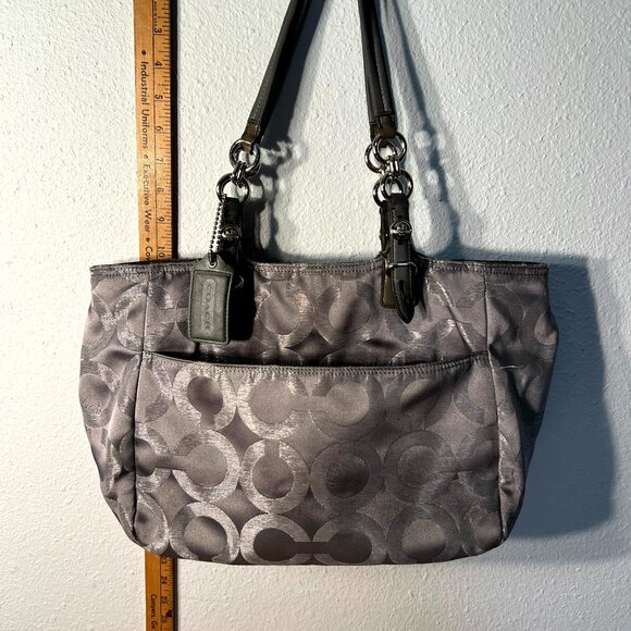 Coach Gray Metallic Signature Op Art Bag Tote Satchel F15746 - Picture 2 of 8